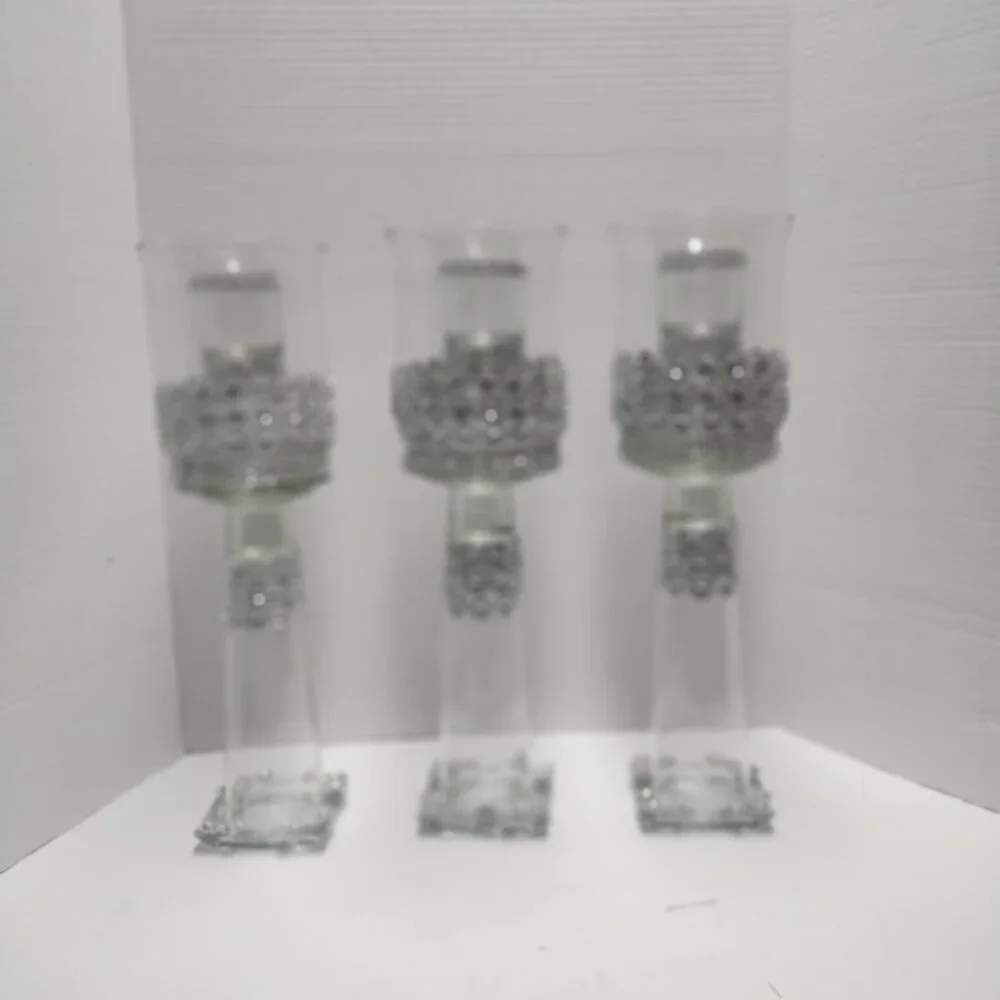 Set of 3 Rhinestone Embellished Glass Candle Holders – Glamorous Centerpiece Déc